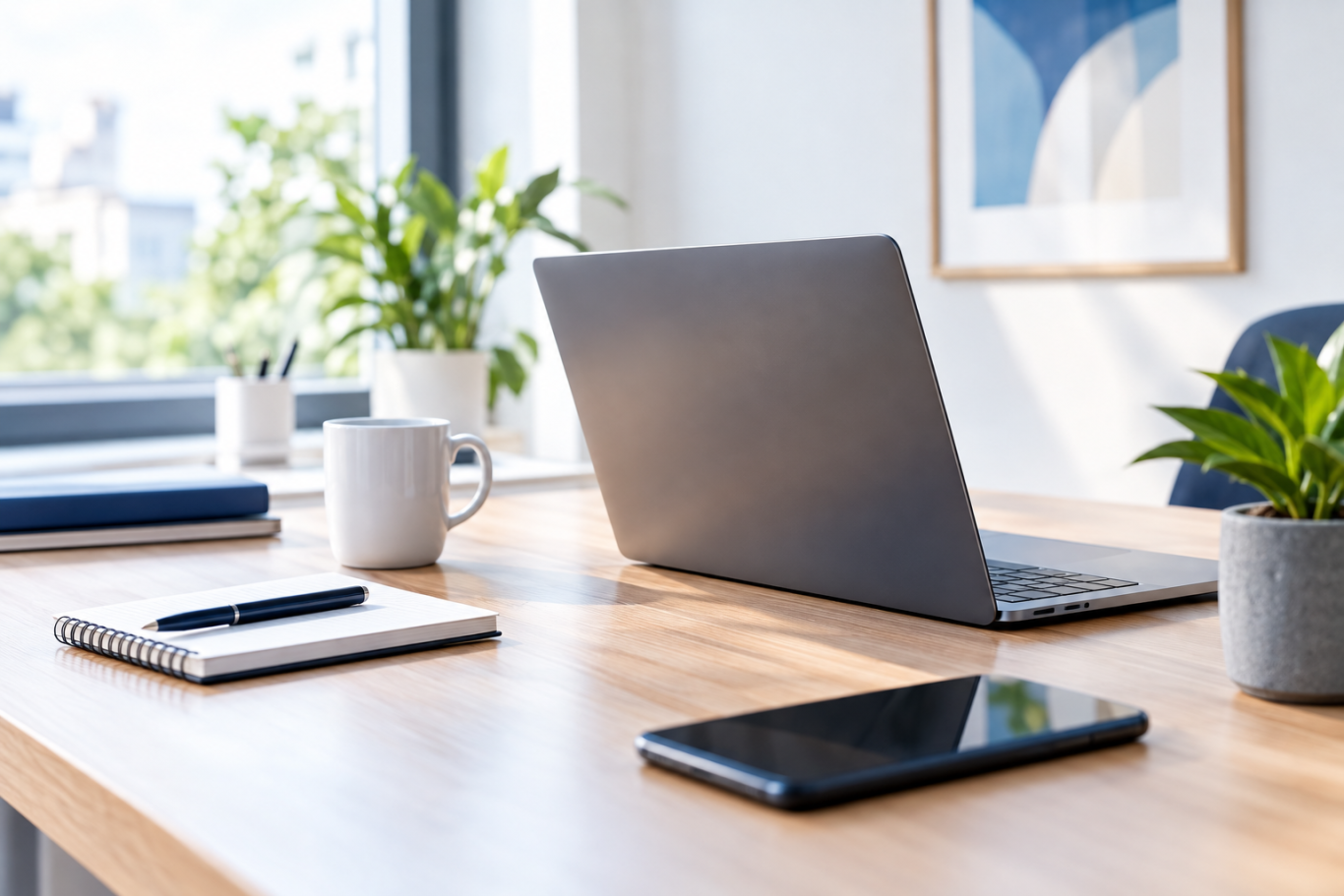 Aufgeräumter Tisch Laptop auf aufgeräumten Tisch
